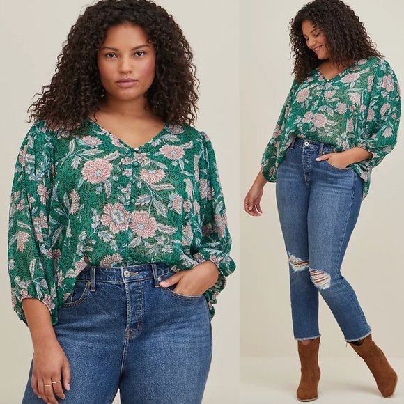 torrid Tops - NWT Torrid Chiffon Lurex Button-up Blouse Floral Green, Plus Size 14-16